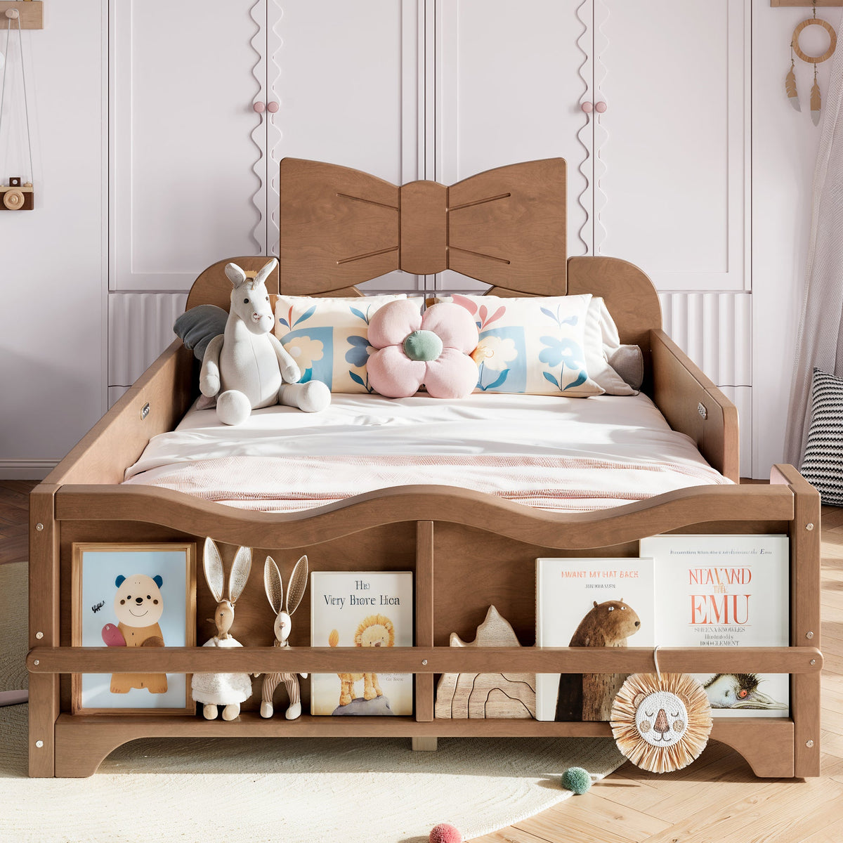 Twin size kids platform bed with full surround guardrails and bookshelf in natural pine on Tampa Home & Garden Store