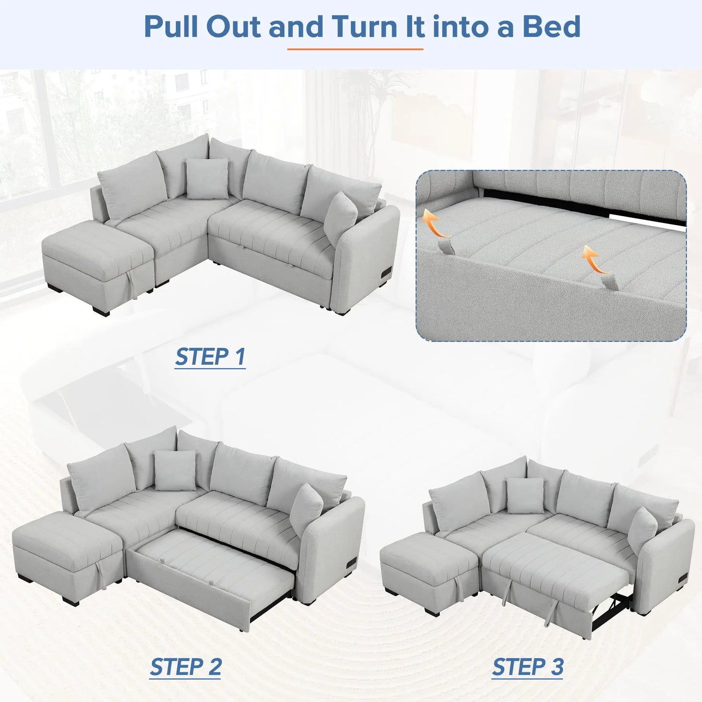 L-shaped sleeper sectional sofa with pull-out, USB ports, power sockets, storage ottoman on Tampa Home & Garden Store