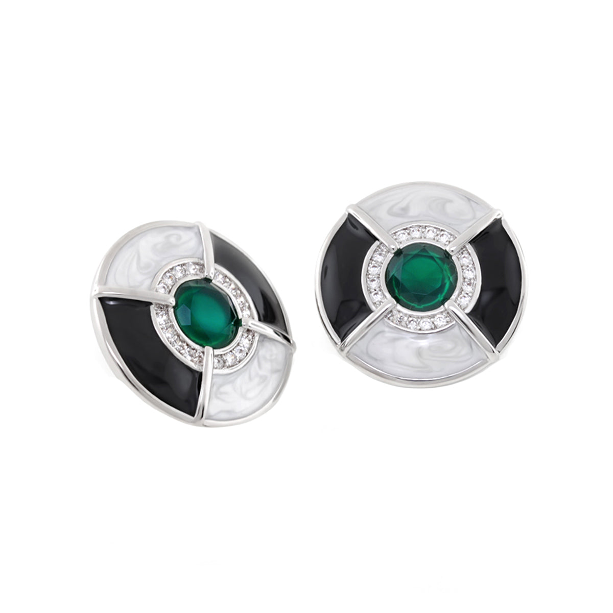 Caribbean Waters earrings by Lauren G Adams; emerald centers diamond halo and marbled enamel on Tampa Home & Garden Store