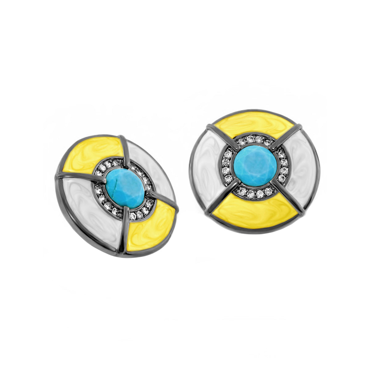 Caribbean Waters earrings, turquoise center with yellow and white enamel, pavé crystal halo on Tampa Home & Garden Store