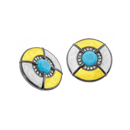 Caribbean Waters earrings, turquoise center with yellow and white enamel, pavé crystal halo on Tampa Home & Garden Store