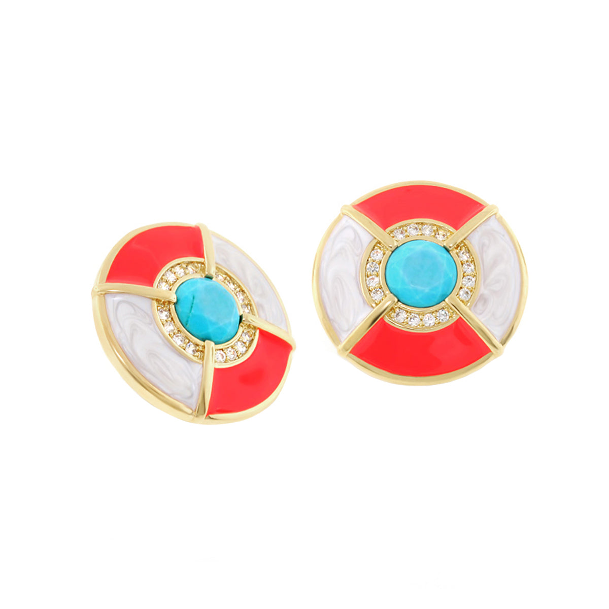 Caribbean Waters earrings, turquoise center with red enamel and gold setting, 2pc Lauren G Adams on Tampa Home & Garden Store
