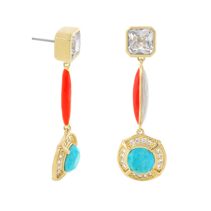 Caribbean Waters earrings pair by Lauren G Adams, gold-tone with turquoise center and red drop on Tampa Home & Garden Store