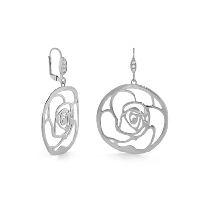 Rose Petal Earring pair by Lauren G Adams, silver circular rose filigree with diamond accents on Tampa Home & Garden Store