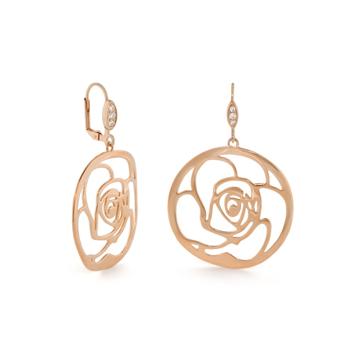 Rose Petal Earring by Lauren G Adams, rose-gold round rose motif with diamonds, drop style on Tampa Home & Garden Store