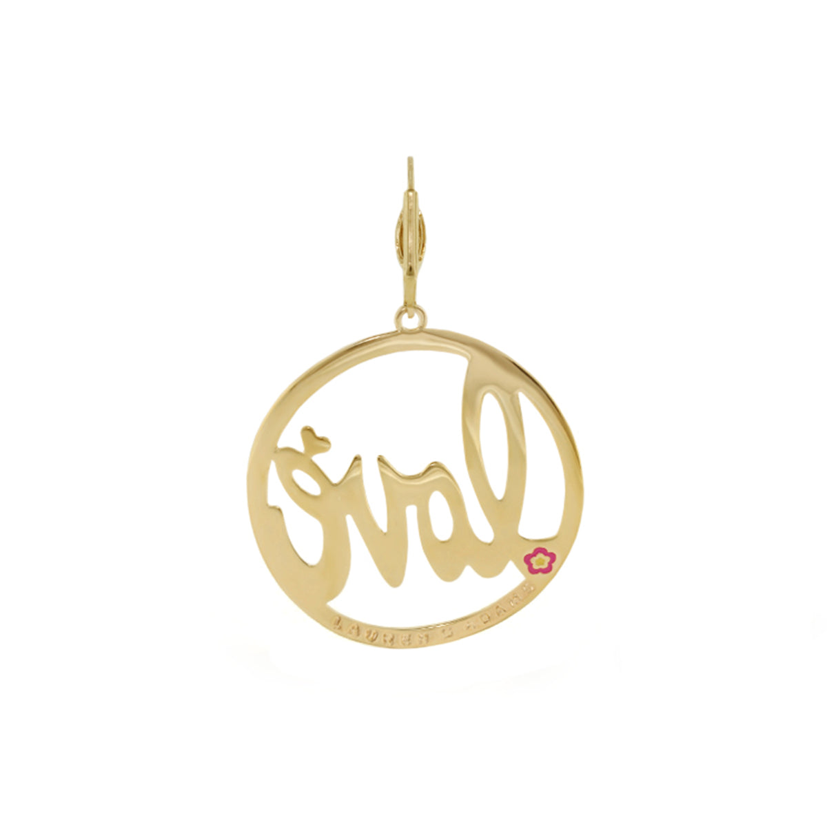Chandelier earring Love Rocks With Love in gold circle cut-out Love with pink flower accent on Tampa Home & Garden Store