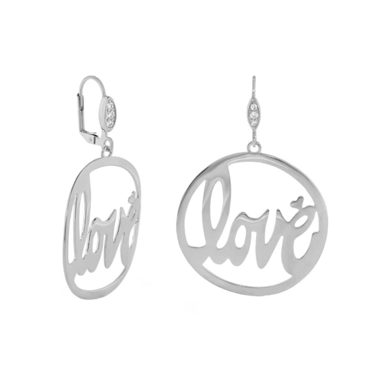 Love Rocks With Love earrings by Lauren G Adams, silver hoops with Love script, pair on Tampa Home & Garden Store