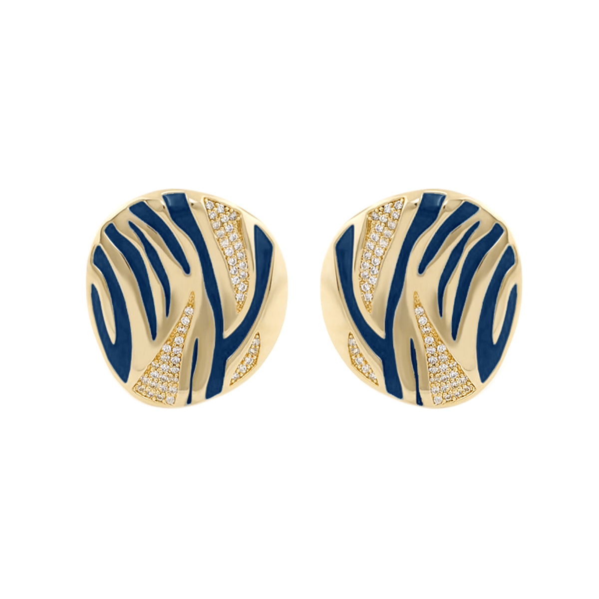 Wild Child Earrings by Lauren G Adams, round gold-tone studs with blue enamel zebra stripes on Tampa Home & Garden Store