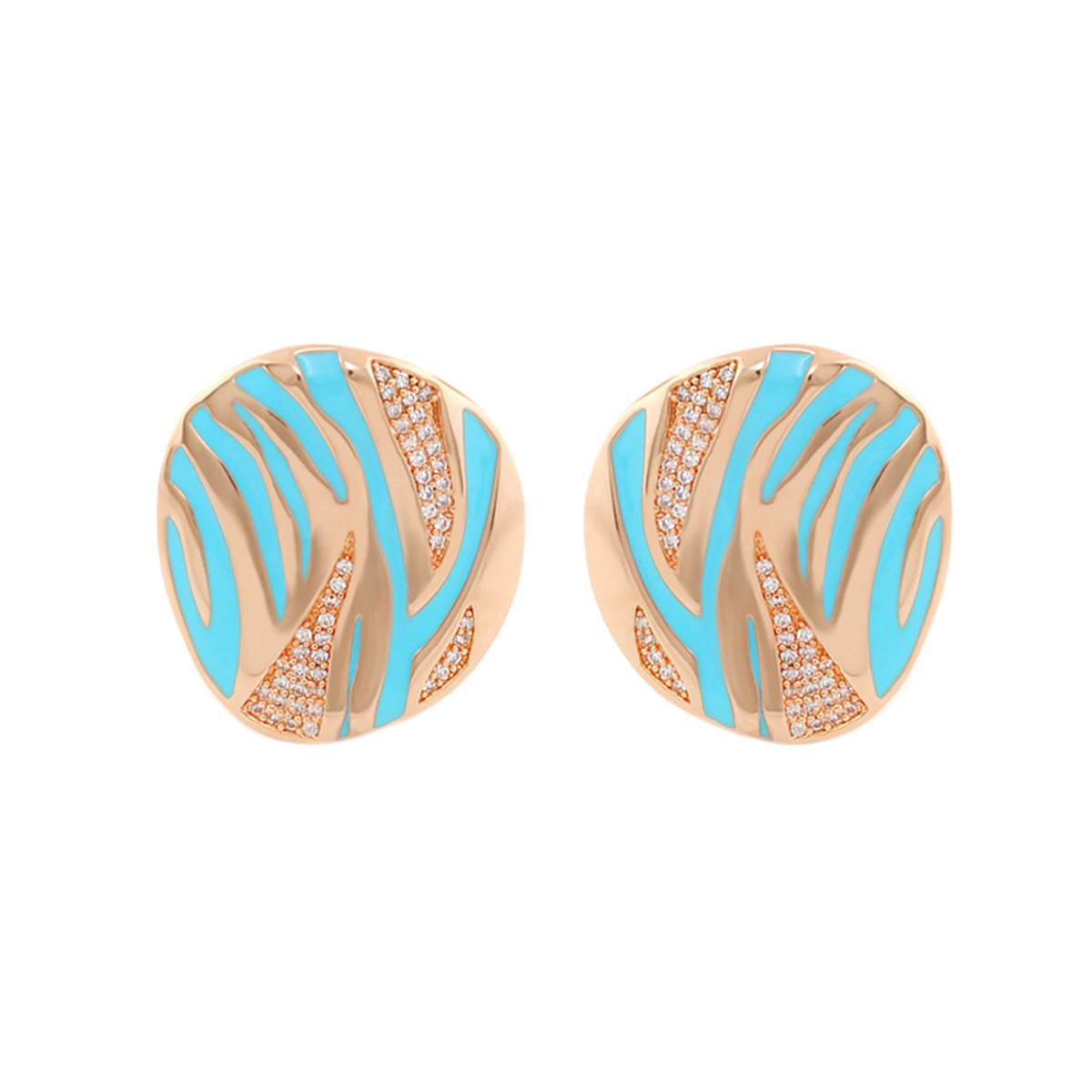 Wild Child earrings round rose-gold studs with turquoise enamel stripes and crystals, pair on Tampa Home & Garden Store