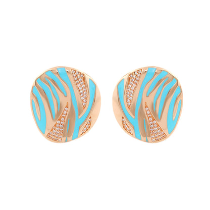 Wild Child earrings round rose-gold studs with turquoise enamel stripes and crystals, pair on Tampa Home & Garden Store