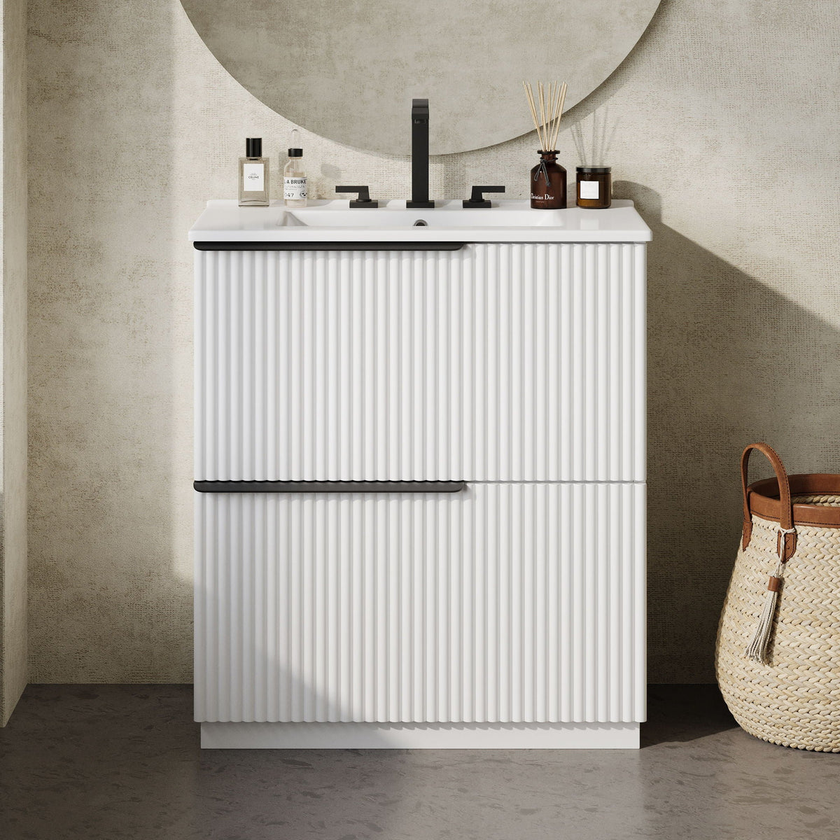 Fluted bathroom vanity with ceramic sink, white cabinet and black faucet HouseOfZazla on Tampa Home & Garden Store