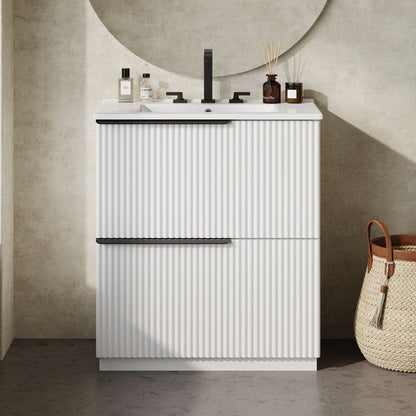 Fluted bathroom vanity with ceramic sink, white cabinet and black faucet HouseOfZazla on Tampa Home & Garden Store