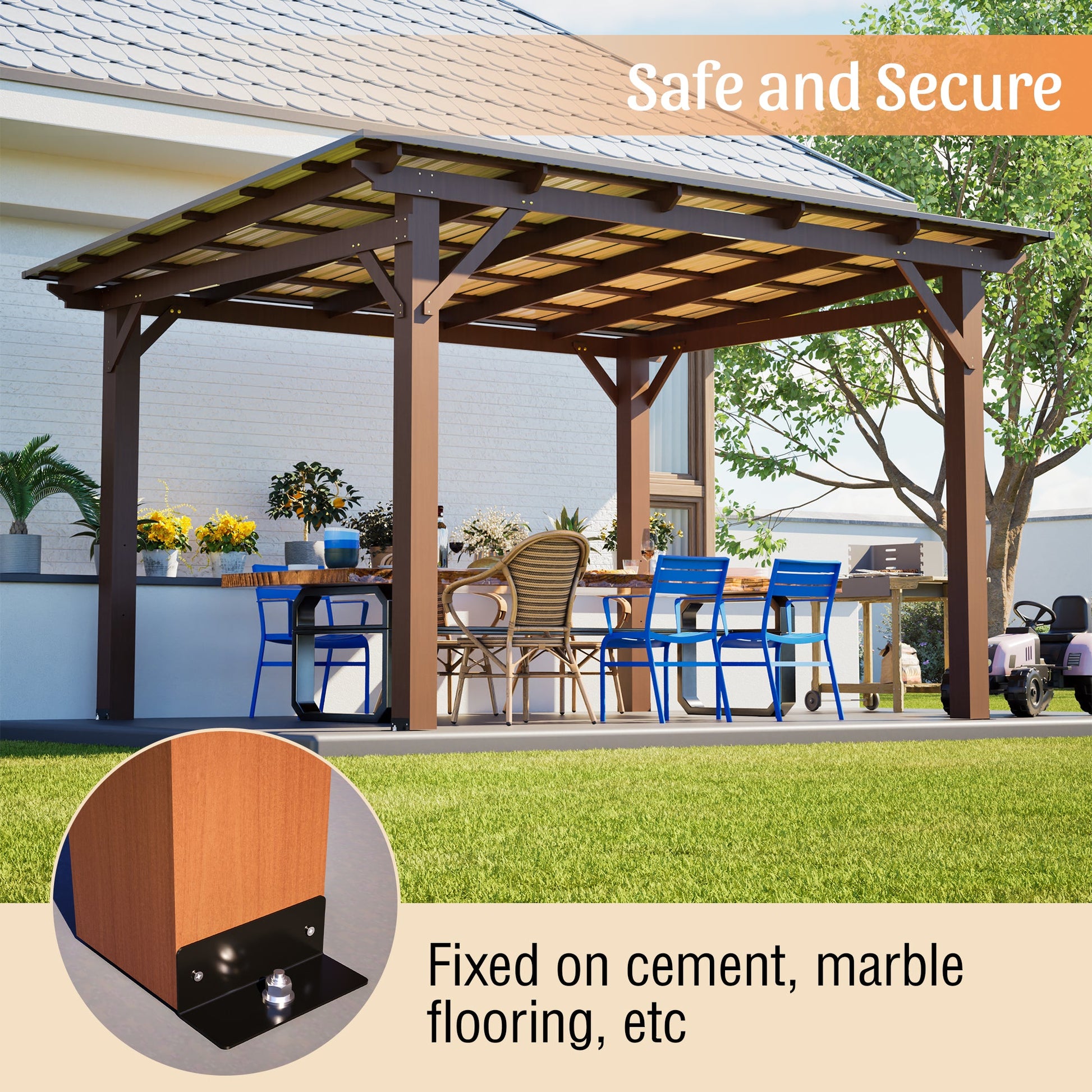 13x10ft wooden garden gazebo with metal roof, brown-stained timber, HouseOfZazla on Tampa Home & Garden Store