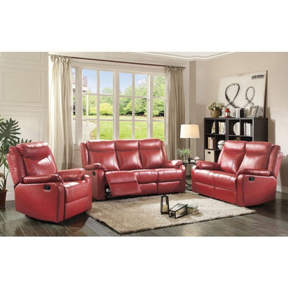 Three-piece red PU reclining loveseat set with matching recliner and sofa in a living room on Tampa Home & Garden Store