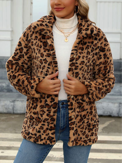 Leopard print women's faux fur jacket with drop shoulders, cozy casual fit on Tampa Home & Garden Store