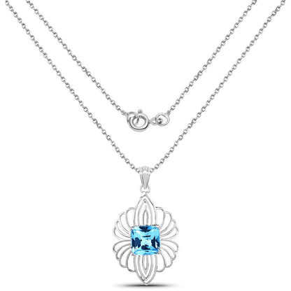 Sterling silver pendant necklace with an 8.18ct Swiss blue topaz in a floral filigree frame on chain on Tampa Home & Garden Store