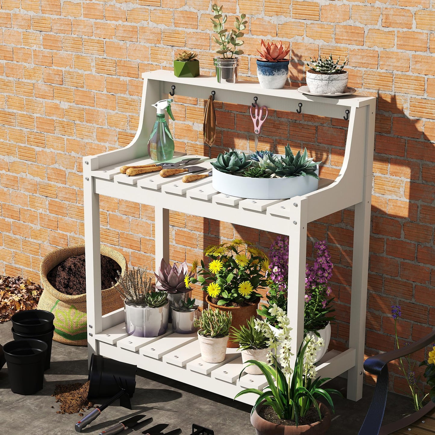 Potting bench for outside HDPE garden table with storage, white with hooks by HouseOfZazla on Tampa Home & Garden Store