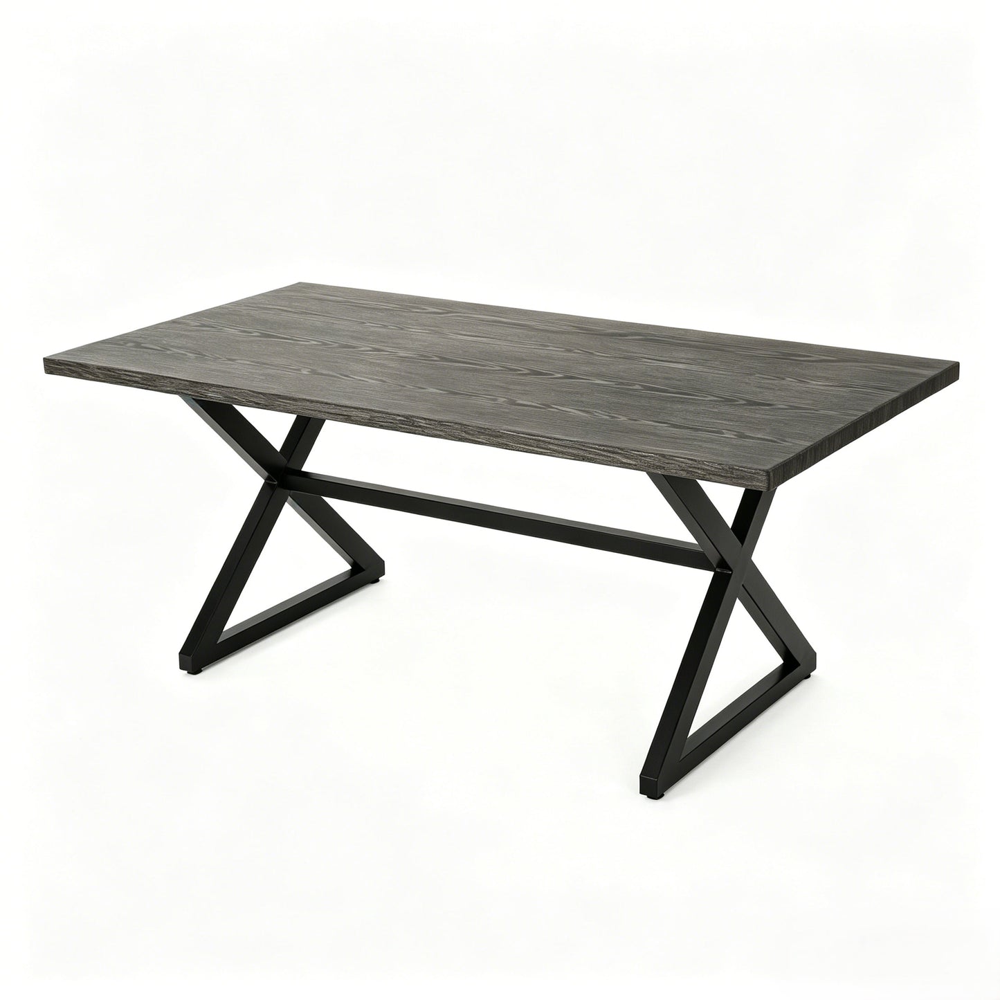 Outdoor dining table with dark wood-grain top and black metal cross-legged base on Tampa Home & Garden Store