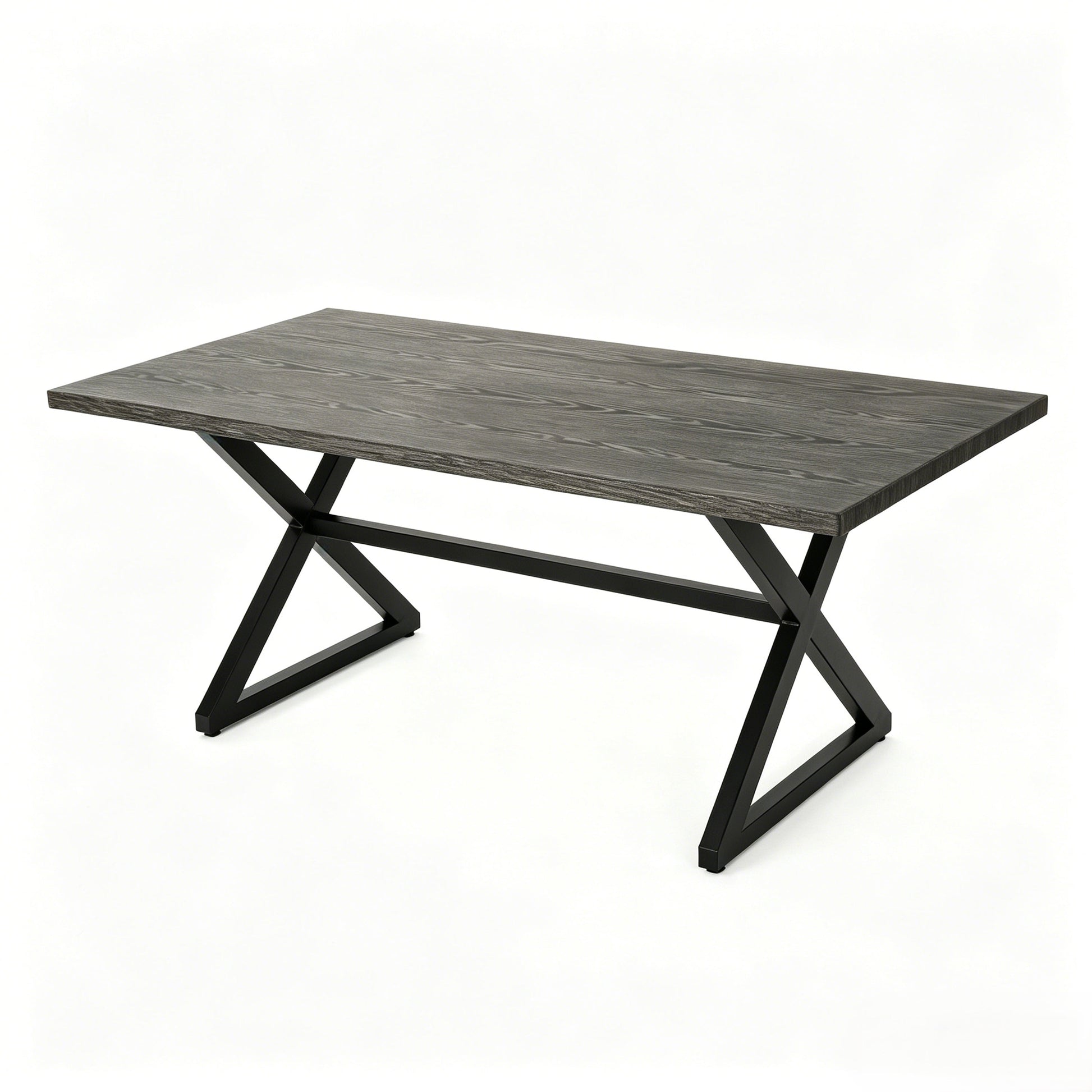 Outdoor dining table with dark wood-grain top and black metal cross-legged base on Tampa Home & Garden Store