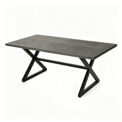 Outdoor dining table with dark wood-grain top and black metal cross-legged base on Tampa Home & Garden Store