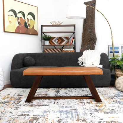 Light brown upholstered bench with hand stitching, HouseOfZazla, wooden legs on Tampa Home & Garden Store