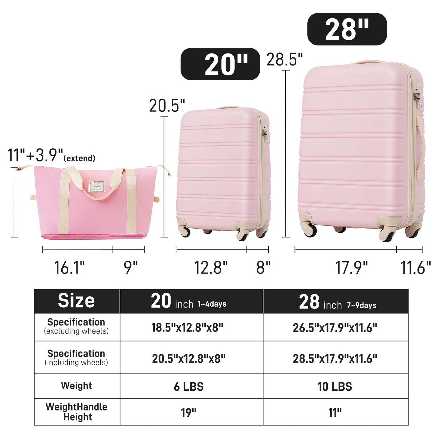 HouseOfZazla pink hardshell luggage set 2-piece with tote 20in & 28in TSA lock on Tampa Home & Garden Store