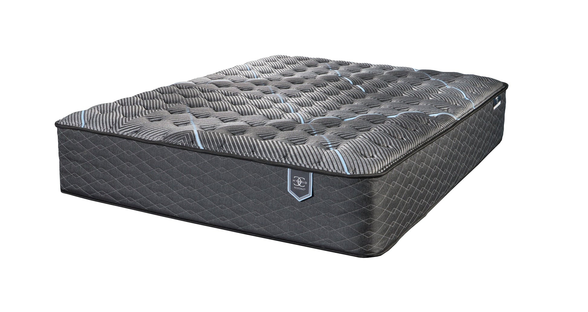 Restonic ComfortCare Hybrid Full Mattress gray quilted top with blue stitching by HouseOfZazla on Tampa Home & Garden Store