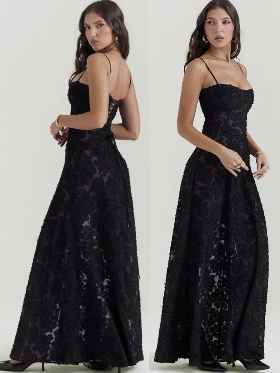 Black lace long dress with spaghetti straps and back lace-up, FLIPSTYLEZLLC elegant evening gown on Tampa Home & Garden Store