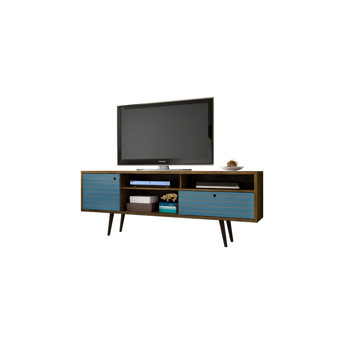 TV Stand with wire management and storage, blue drawer fronts, wood finish on Tampa Home & Garden Store