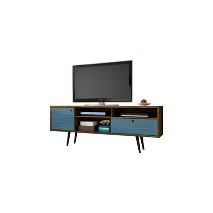 TV Stand with wire management and storage, blue drawer fronts, wood finish on Tampa Home & Garden Store