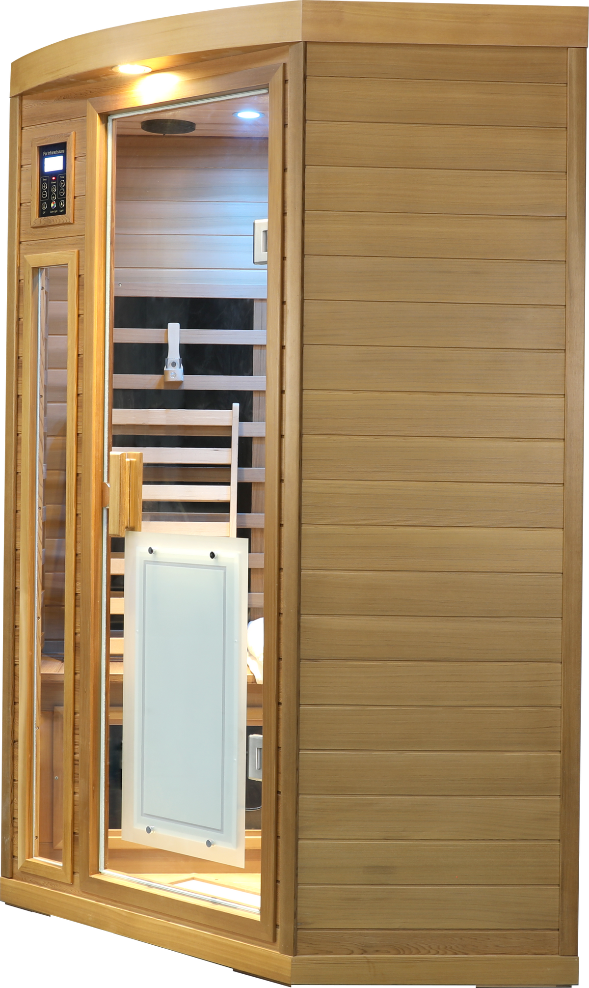 HouseOfZazla two-person far-infrared sauna in natural red cedar with LCD touch control on Tampa Home & Garden Store