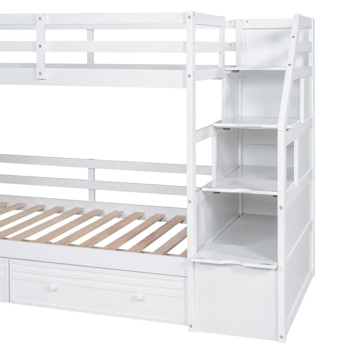 Bunk bed with storage staircase, white wood, desk, drawers and shelves by HouseOfZazla on Tampa Home & Garden Store
