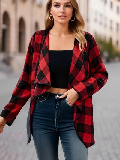 Stevvex plaid open-front jacket red and black lightweight cardigan with draped front on Tampa Home & Garden Store