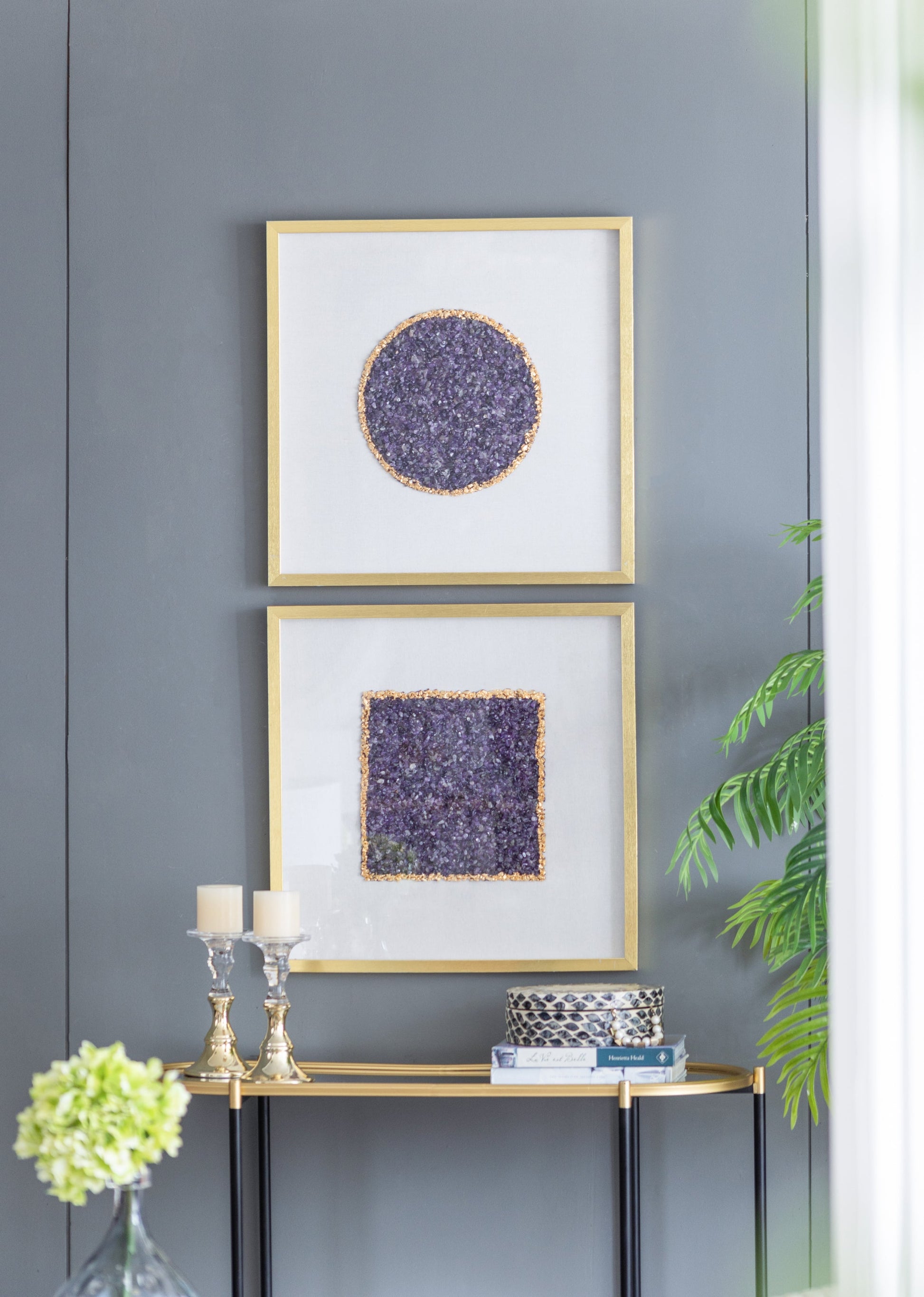 The Lillian Améthyste Shadow Box Duo wall art with gold frames showcasing amethyst geodes on white mats on Tampa Home & Garden Store