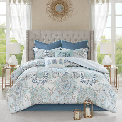 8 Piece Cotton Floral Printed Reversible Comforter Set Blue with pattern HouseOfZazla on Tampa Home & Garden Store
