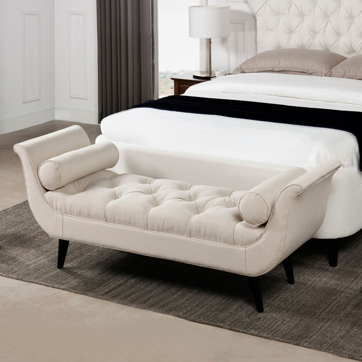 Tufted flared-arm upholstered bench by HouseOfZazla beige fabric with black legs in a room on Tampa Home & Garden Store