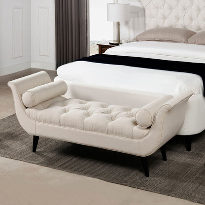 Tufted flared-arm upholstered bench by HouseOfZazla beige fabric with black legs in a room on Tampa Home & Garden Store