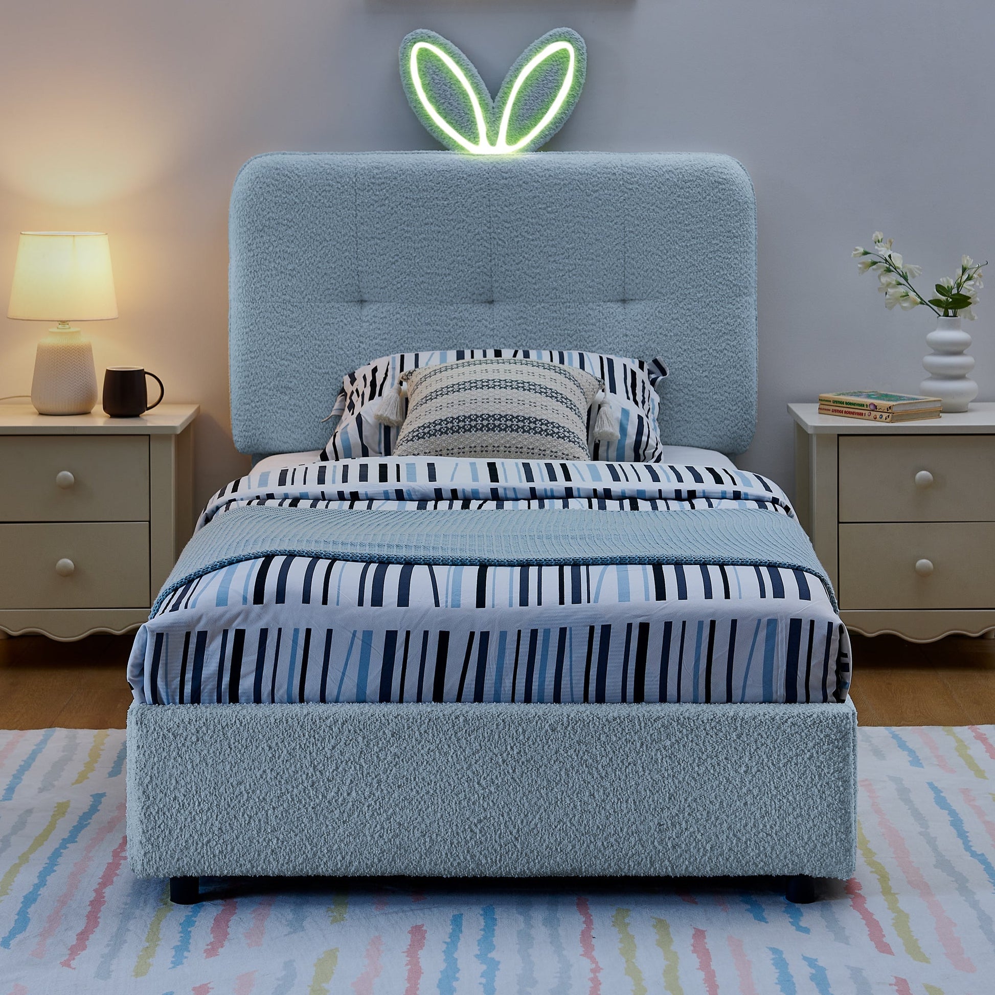 Upholstered Twin Bed with oversized rabbit-ear headboard in light blue fabric HouseOfZazla on Tampa Home & Garden Store