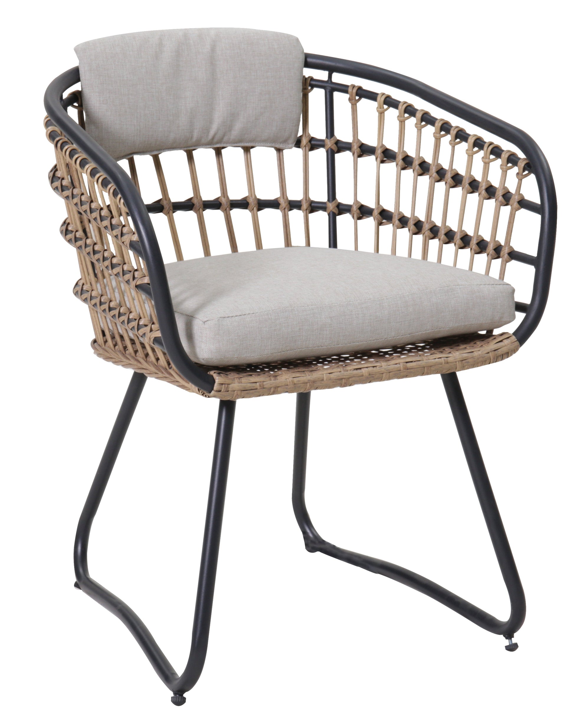 Outdoor wicker dining chair with beige cushions and curved black frame on Tampa Home & Garden Store