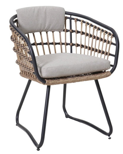 Outdoor wicker dining chair with beige cushions and curved black frame on Tampa Home & Garden Store