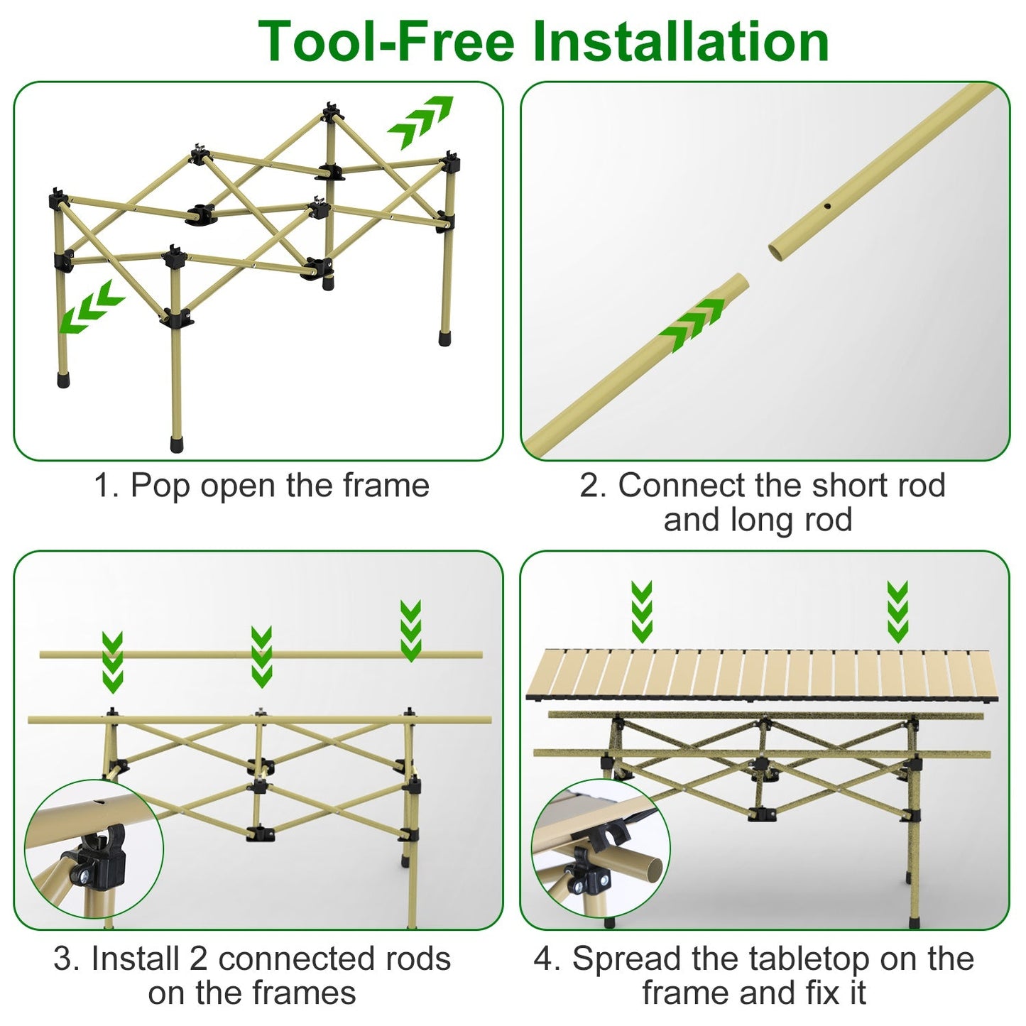 GemGear folding camping table frame in tan carbon steel with black connectors; assembly diagram on Tampa Home & Garden Store