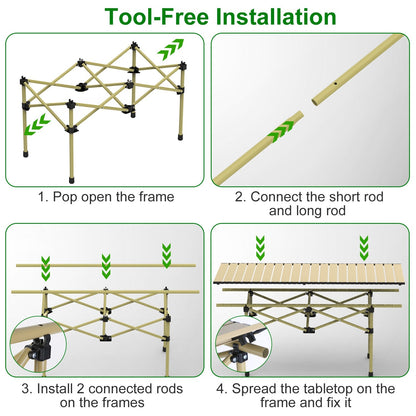GemGear folding camping table frame in tan carbon steel with black connectors; assembly diagram on Tampa Home & Garden Store