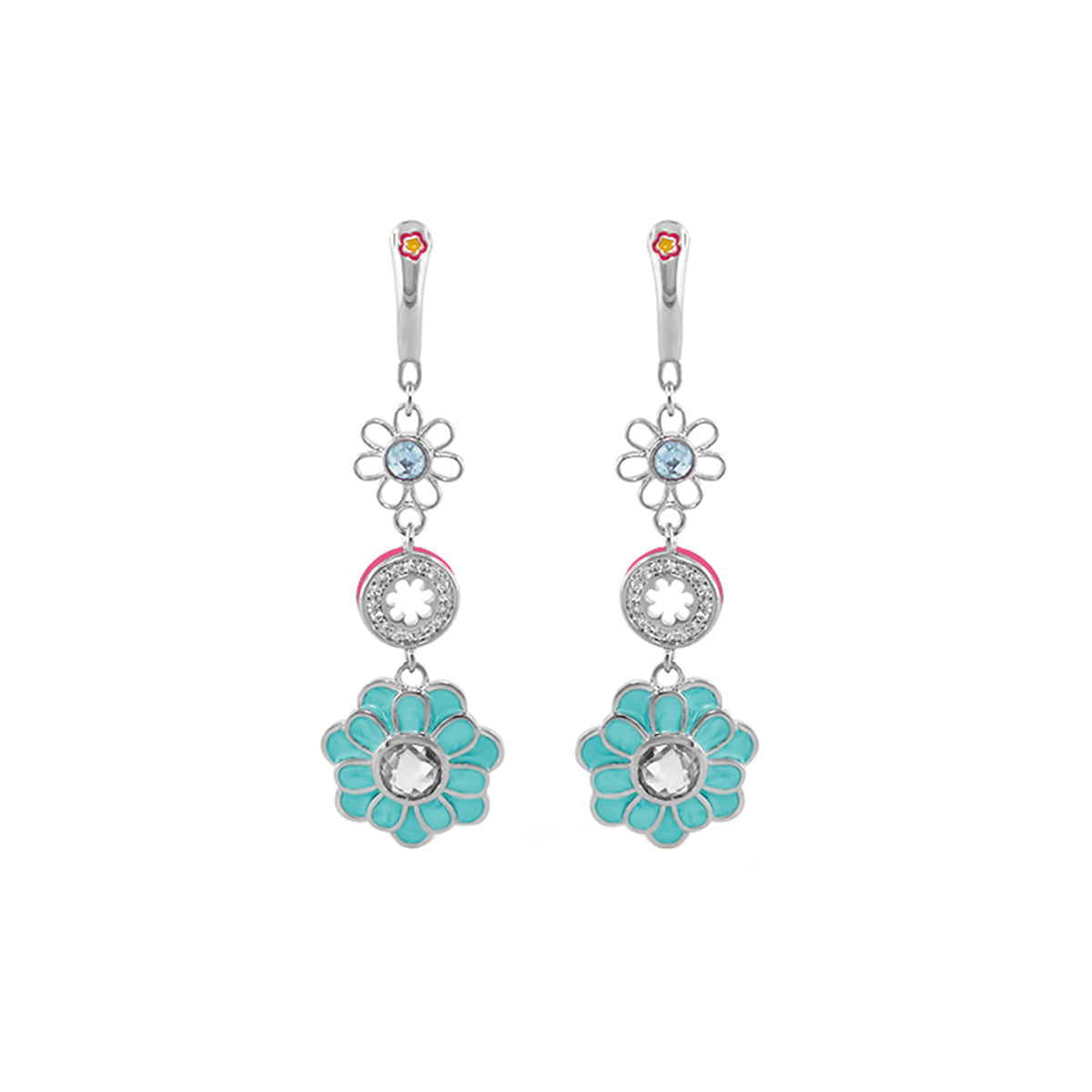 Daisy Dreams Earrings by Lauren G Adams, silver-tone danglers with turquoise flower and blue gem on Tampa Home & Garden Store