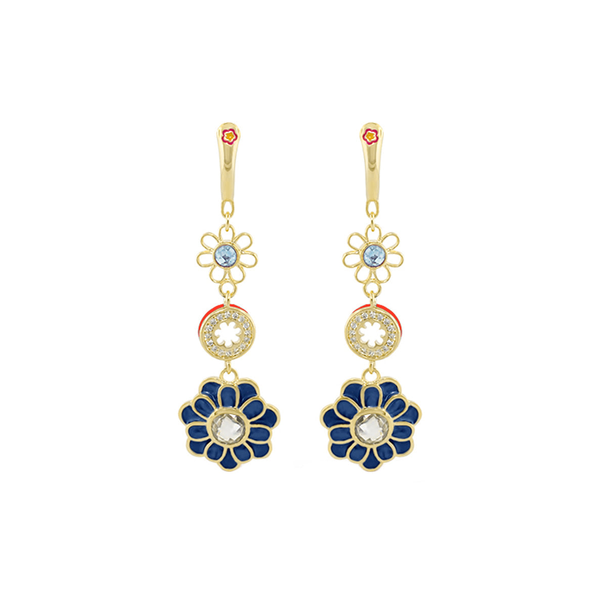 Daisy Dreams Earrings gold-tone floral drop with blue enamel petals and crystal centers on Tampa Home & Garden Store