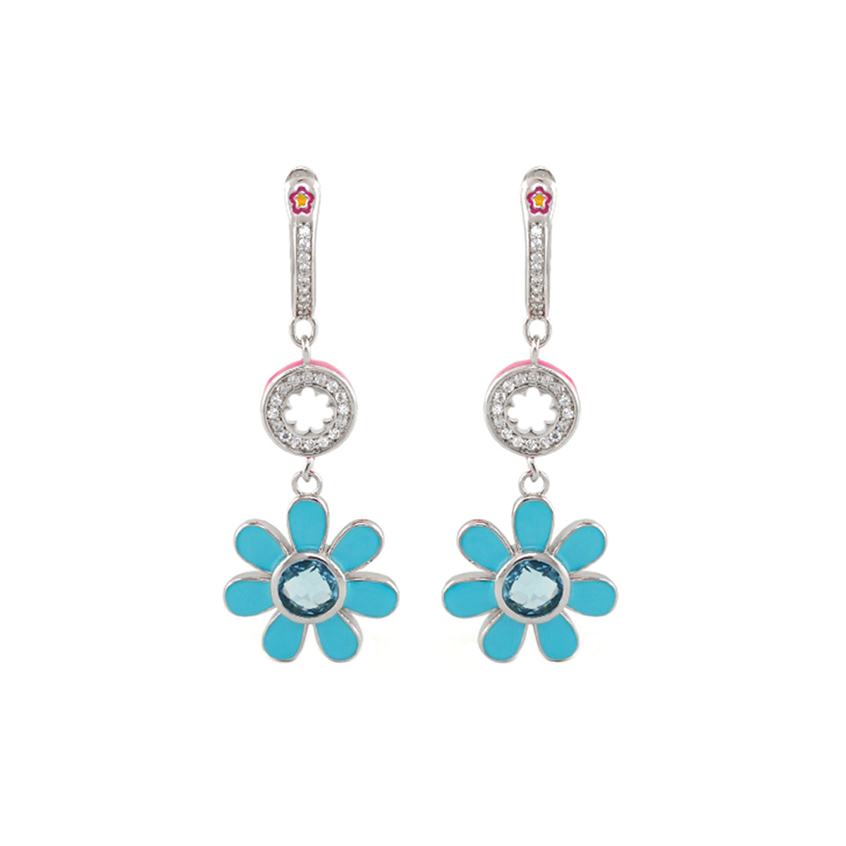Daisy Dreams earrings, turquoise flower charms with crystal centers on silver-tone dangles, pair on Tampa Home & Garden Store