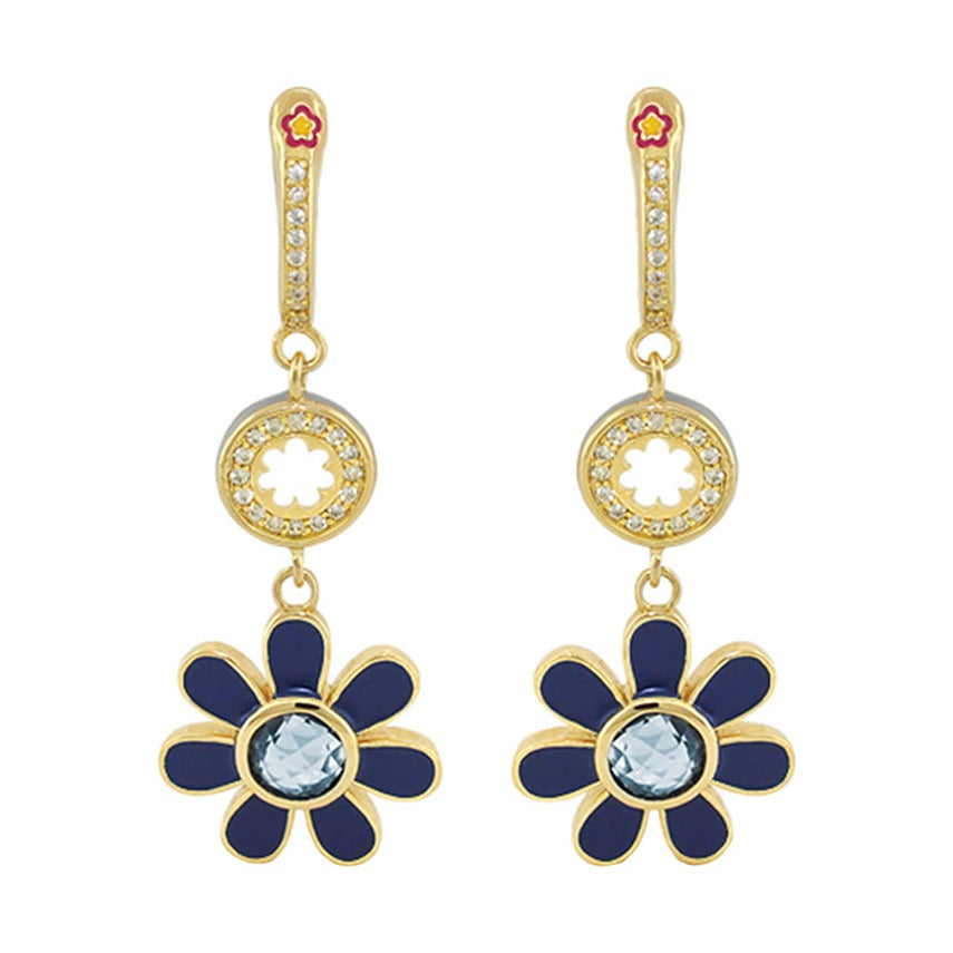 Daisy Dreams Earrings pair Lauren G Adams gold-tone with blue enamel petals and crystal accents on Tampa Home & Garden Store