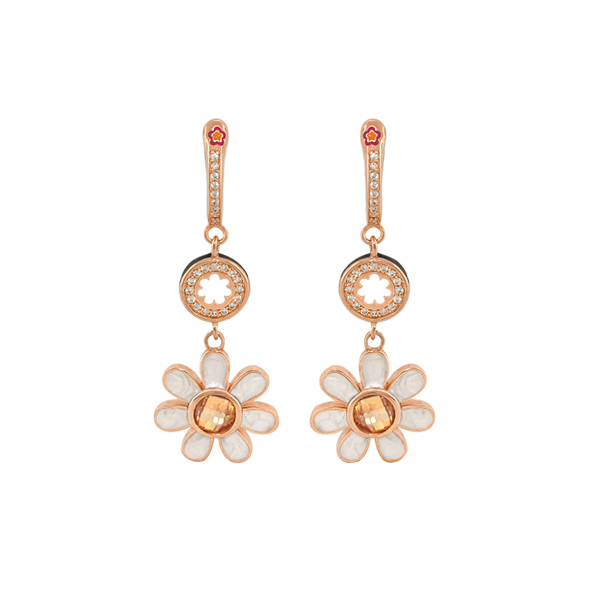 Daisy Dreams earrings pair, rose-gold daisies with white enamel petals by Lauren G Adams on Tampa Home & Garden Store
