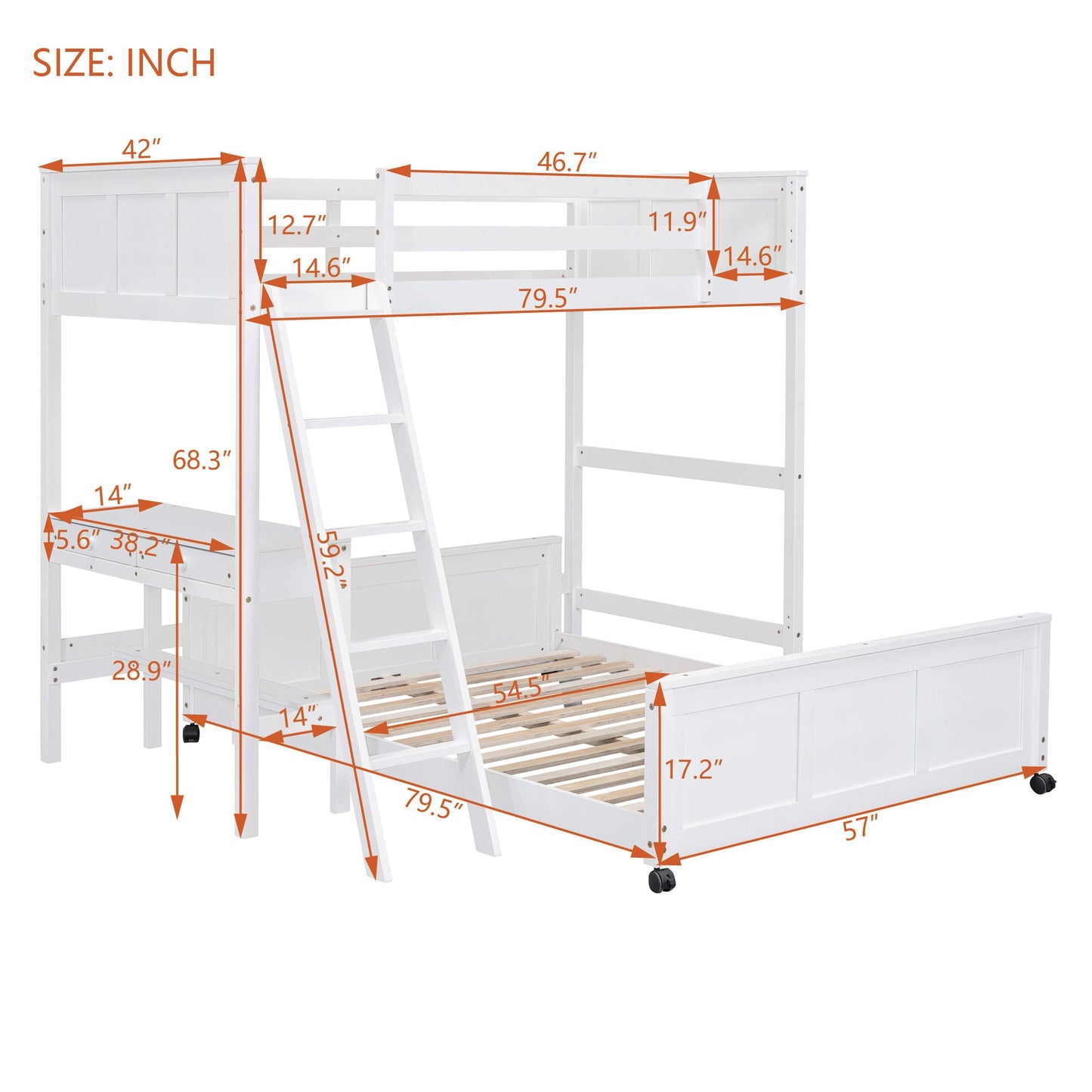 White wooden full-over-full bunk bed with desk, built-in ladder, Unique Piece Furniture on Tampa Home & Garden Store