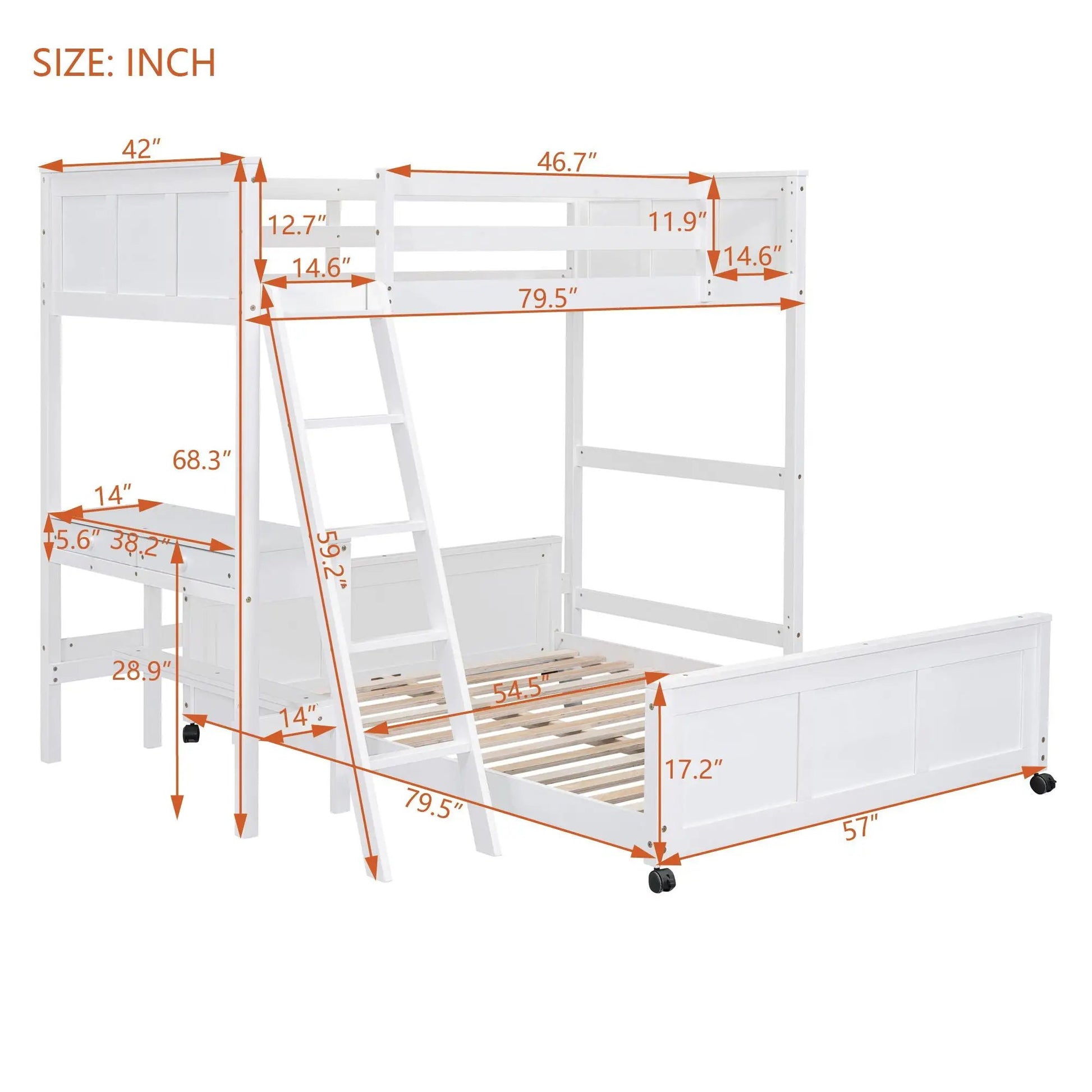 White wooden full-over-full bunk bed with desk, built-in ladder, Unique Piece Furniture on Tampa Home & Garden Store