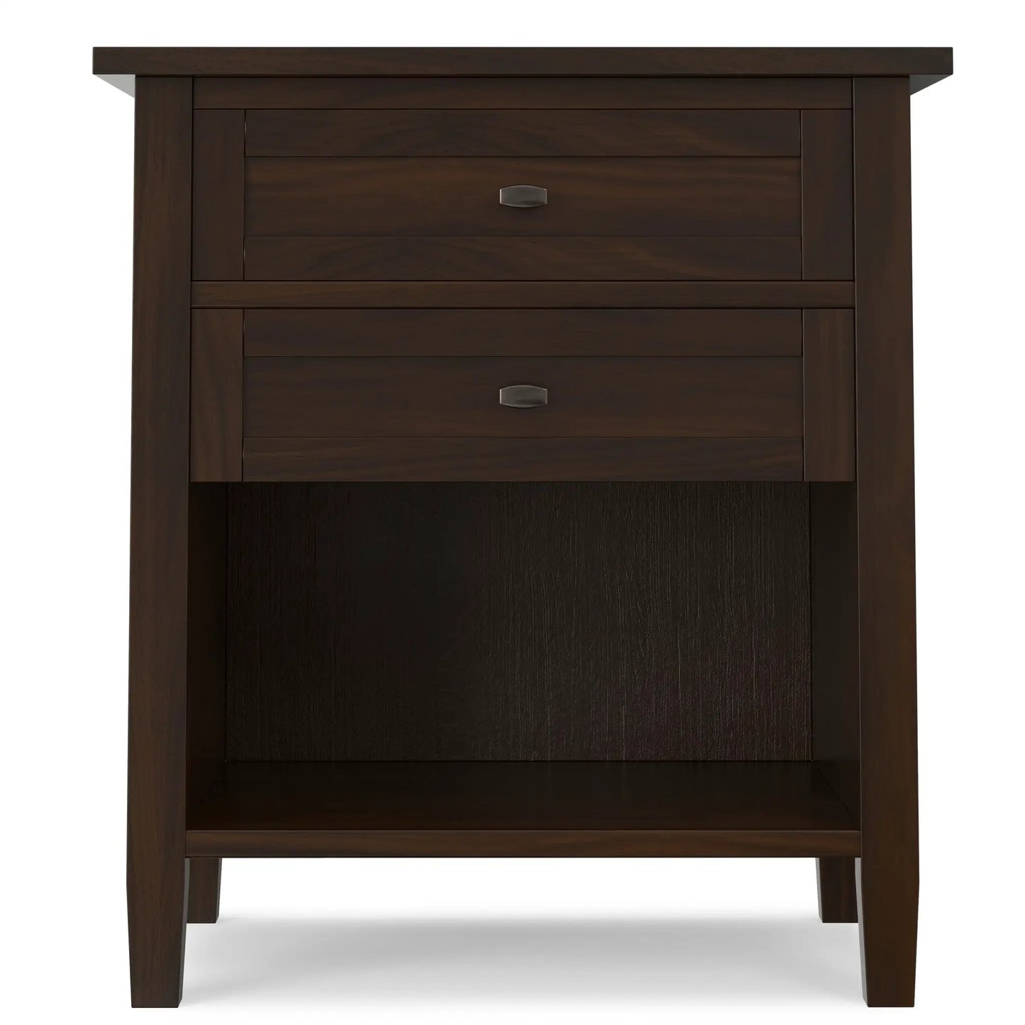 Warm Shaker Bedside Table with stacked drawers, dark walnut finish, brushed metal pulls on Tampa Home & Garden Store